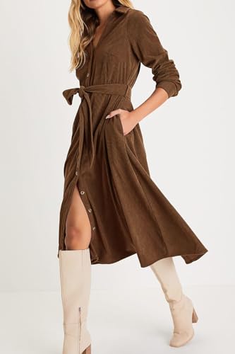 R.Vivimos Womens Fall Winter Corduroy Midi Dress Long Sleeve V Neck Button Down Belted Flowy Shirt Dress with Pockets2