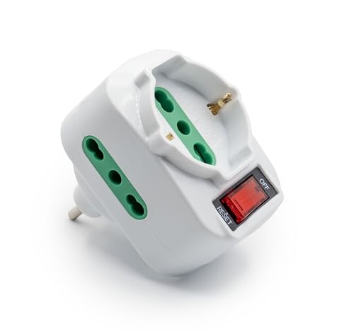 Mach Power Adattatore Multipresa tripla schuko con Spina Rotante 10A, Protezione Sovraccarico e Interruttore, 2 Prese 16A Bipasso 2P+T + 1 Presa Schuko (MP-SA1080R)