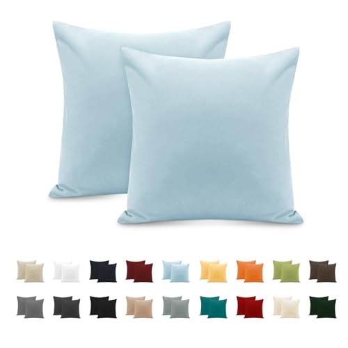 Taie Oreiller 100% Coton 65x65 cm 2 PCS, Taie d'oreiller Rectangulaire Puro Coton Jersey 120GSM - Housse de Coussin Résistant et Hypoallergénique Bleu Ciel