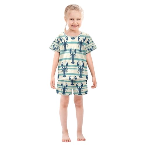 Pajama Sets Short Sleeve Lobster Pattern on Striped Background Soft Cotton Summer Sleepwear 2 Piece PJS Size 5-14T4