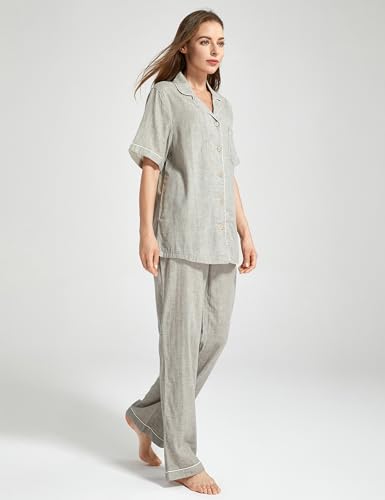Image of Womens Muslin Pajama Set 100% Cotton Double Gauze Linen Like | Breathable Soft Comfort Button Up Loungewear Sleepwear PJ Set