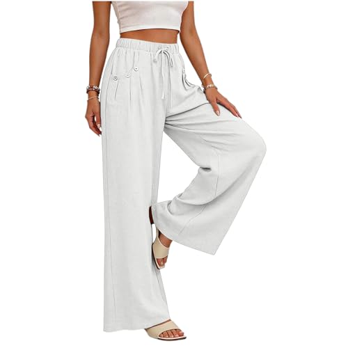 Linen Pants Women, Wide Leg Elastic High Waisted Loose Drawstring Womens Flowy Palazzo Pants with Pockets,Breathable Trousers for Summer Casual Beach Vacation Travel Big White L