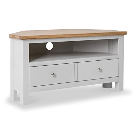 RoselandFurniture Farrow Grey Corner TV Stand Unit 90 cm Painted Solid Wood Light Oak Top Television Cabinet Suitable for TVs up to 40 inches for Living Room or Bedroom | Fully Assembled