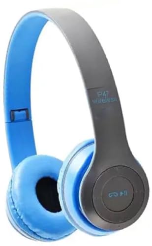 Image of Adjustable Wireless Headphone with Super Bass Sound Quality for All Device, Bluetooth & Wired Headset (Blue, on the Ear)
