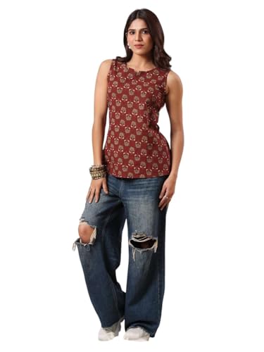 Image of Rimeline Women Printed Cotton Sleeveless Top | Stylish Casual Ethnic Top for Women | Soft Breathable Fabric Summer Top