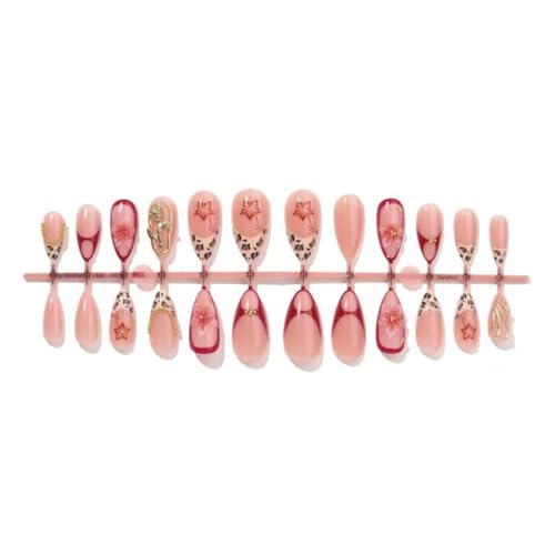 Image of Flower Press on Nails French Tip Fake Nails Medium Almond False Nail Glossy Full Cover Gold Rose Glue on Nail Press ons for Women Girls Manicure 24Pcs