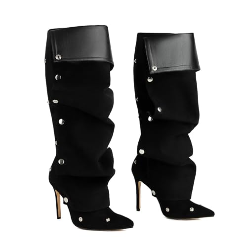 LIUHD Botas Plegables para Mujer, Botas Holgadas con Tacón de Aguja y Fruncido con Botones Desmontables y Punta Puntiaguda, para Caminar y Trabajar,Black Single,47
