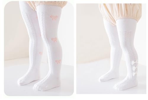 CHUNG Baby Girls Cotton Tights Thin Hollowed Summer with Bowknot Mesh Lace Fashion Toddler Footed Legging Pantyhose (S, 1-2Y,3White)