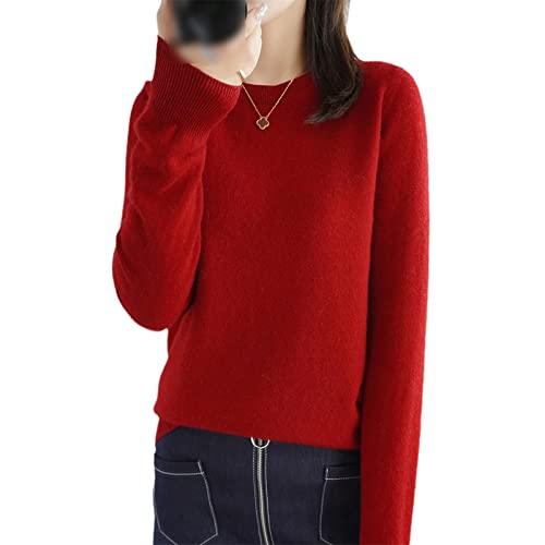 Suéter de cachemira 100 % lana para mujer, cuello redondo, informal, de punto, abrigo de otoño e invierno, Burdeos, L