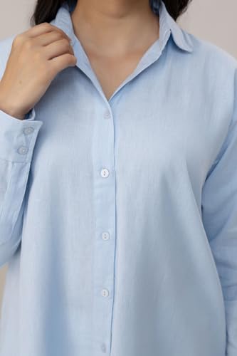 Image of Women's Linen Blend Shirt | Casual Collared Button Down Shirt for Women | Solid Color Full Sleeve Oversized Fit | Summer Casual & Office Wear Top