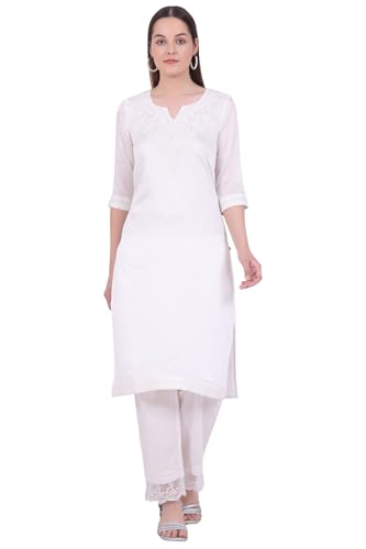 Image of Aurelia Women's White Embroidered Pure Cotton Straight Kurta with Palazzos & Dupatta Set