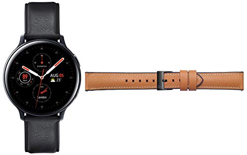 Image of Samsung Galaxy Watch Active 2 (Bluetooth, 44 mm) - Black, Steel Dial, Leather Straps + Free Leather Strap (Tan) Worth INR 2500