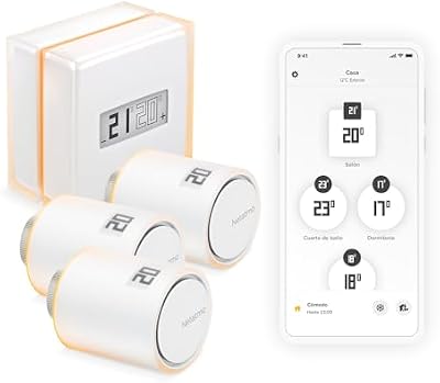 Netatmo Pack Termostato Inteligente + 3 Cabezales Termostáticos Conectados e Inteligentes, WiFi, Control Remoto vía App, Compatible con Calefacción Individual, NBU-NTH-Nav-EU.