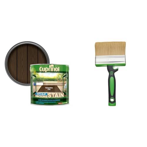 Cuprinol 5092620 2.5L Anti Slip Decking Stain Hampshire Oak & Fit for The Job 4 inch Large Capacity Shed and Fence Block Brush for Rapid Painting of Sheds & Fence