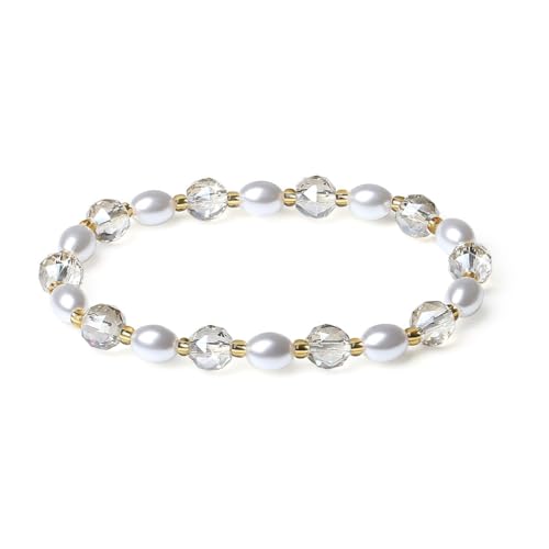 MetJakt Handmade Stretch Bracelets for Women Bling Faceted Crystal Multi Color 8MM Beaded Pearl Natural Jewelry (White Crystal)