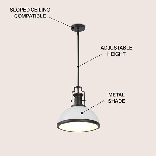 Image of JONATHAN Y Homer Industrial Dome Pendant 13 inch, White /Matte Black | 1-Light, Farmhouse Style, Adjustable Hanging Height, Glass Diffuser, Sloped Ceiling Compatible, Metal, LED Bulb Included