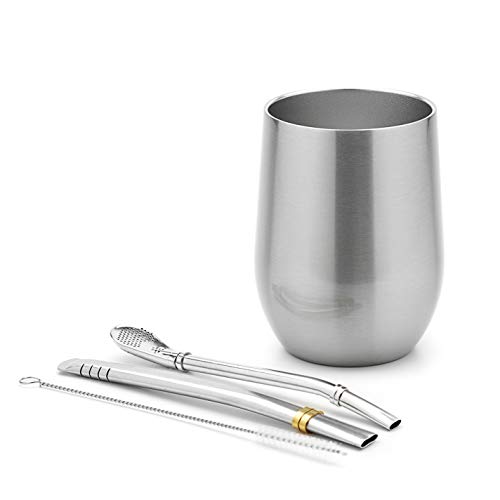 Balibetov [NEW] Modern Yerba Mate Gourd Set (Mate Cup) - Double Walled 18/8 Stainless Steel - Includes Two Bombillas and a Cleaning Brush (Silver, 12)
