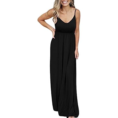 PALINDA Women's Sleeveless Summer V Neck Spaghetti Strap Casual Loose Empire Waist Maxi Dresses(Black,XL) Cover