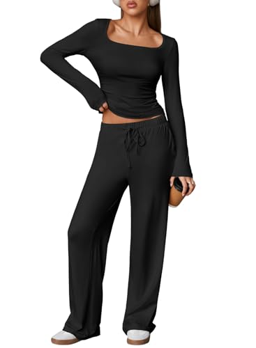 Herseas Women's Black 2 Piece Outfits Long Sleeve Square Neck Crop Tops Wide Leg Tracksuits Casual...