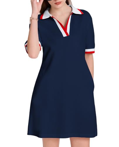 Image of WOWULOVELY Polo Dress for Women V Neck Casual Short Sleeve Mini Shirt Dress Flowy Contrast Color Golf Tennis A Line Dresses