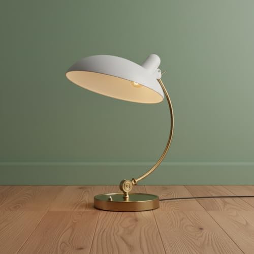 BARCELONA LED-Tischleuchte Ulia aus Metall, weiß und gold, Bauhausstil, Vintage, industriell und nordisch, modern, mit verstellbarem weißen Lampenschirm, E27, klassisches Design