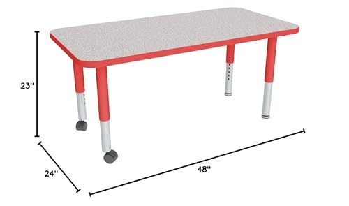 Image of Sprogs Adjustable Height Mobile Classroom Activity Table for Preschools, Rectangle Preschool Activity Table with Casters, 24 inchL x 48 inchW x 23 inchH, Gray /Red