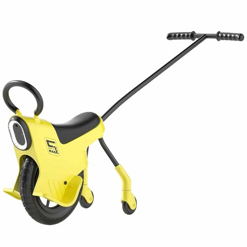 SAYEYBU 12 Zoll 2-in-1 Kleinkind Gleichgewichts Einrad, Eltern-Kind Handantriebenes Fahrrad Stroller mit Lichtern, Handläufen & Hilfsrädern, Indoor & Outdoor Fahrspielzeug für Kinder,Gelb