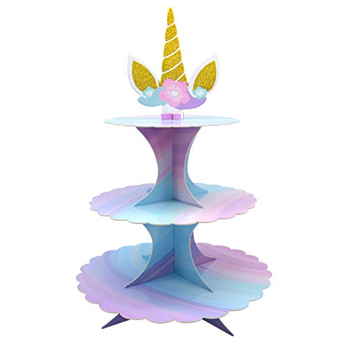WEEPA 3 Tier Unicorn Cupcake Stand Unicorn Birthday Decorations Cupcake Toppers Pink Purple Cardboard Cake Stand for Party Decorations
