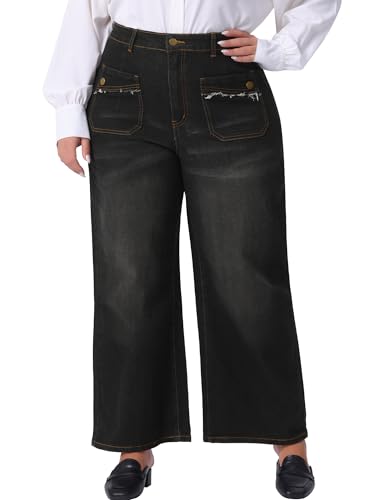 Agnes Orinda Plus Size Jeans for Women Wide Leg Washed Stretch with Pockets Palazzo Denim Jeans