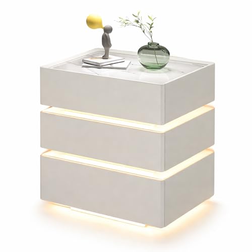 G GUFAMILY Simple Round Edge Modern Bedside Table, Smart Nightstand with LED Sensor Light, PU Leather Wrapped Bedroom Wooden Side Table with 3 Storage Drawers,Off White,19.7x15.7x25.2in