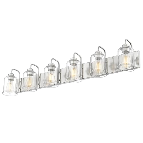 Image of zeyu 6-Light Bathroom Wall Light Fixture, 44 Inch Modern Nickel Vanity Lighting Fixtures for Bedroom, Brushed Nickel Finish with Clear Glass Shade, ZSL72B-6W BN
