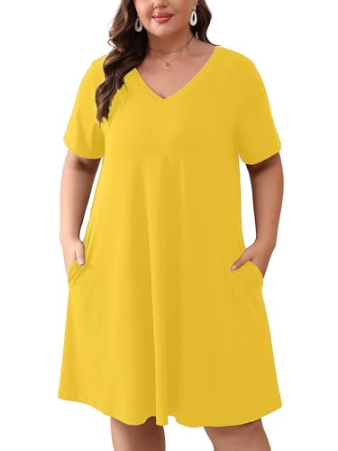 Image of AusLook Plus Size Midi Dress for Women Loose V Neck Short Sleeve Summer Casual A Line T Shirt Sundresses with Pockets 1X-5X