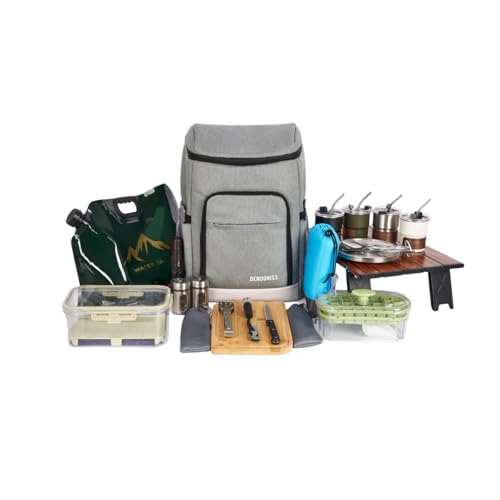 Picnic Backpack Set with Fold Table, Water Bag, Cooler Ice Box & Stainless Steel Utensils - Portable Outdoor Camping Gear for Family Picnics & Hiking (Gray, A-4 Person)
