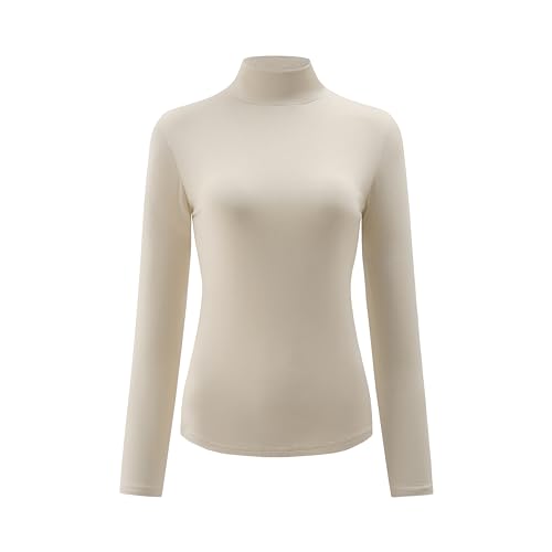 Kindcall Women’s Slim Fitted Mock Turtleneck Tops Long Sleeve Lightweight Base Layer Shirts (Beige1, Medium)