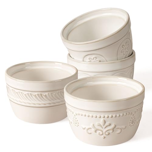 Artena Artena Ramekins Oven Safe, Creme Brulee Ramekins, Embossed White Ceramic Ramiken, Souffle Pudding Custard Cups, Baking Dish, Dipping Bowls, Sauce Cups, Set Of 4 (4 oz, Multiple Patterns)