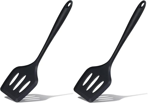 Image of Baskety Silicone Turner Spatula /Slotted Spatula, High Heat Resistant to 480F, Hygienic One Piece Design, Non Stick Rubber Kitchen Utensil for Fish, Eggs, Pancakes, Wok Black Pack of 2