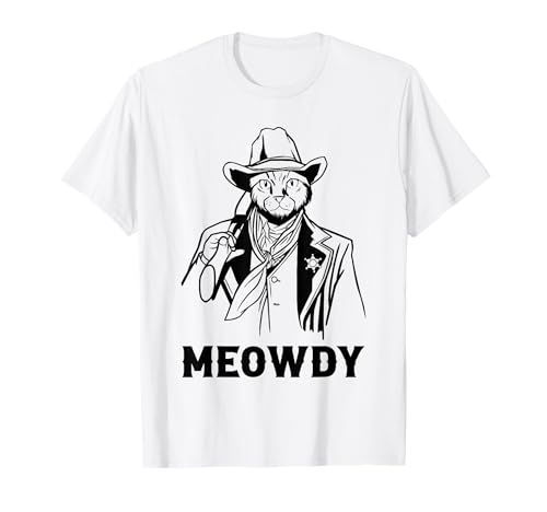 Meowdy Divertente Meow Howdy Cowboy Sceriffo Gatto Mashup Umorismo Gioco di parole Maglietta