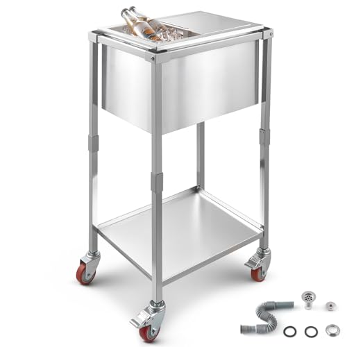 Image of VEVOR Commercial Ice Bin, Underbar Ice Bin, Stainless Steel Ice Chest with Sliding Lid, Bottle Holders, Adjustable Bullet Feet, Cooler Cart Cocktail Unit for Bar Restaurant Pub