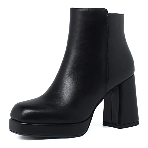 SEIFIN Women's Square Toe Chunky Heel Ankle Boots GOGO Block High Heels Side Zipper Booties Short Platform Shoes