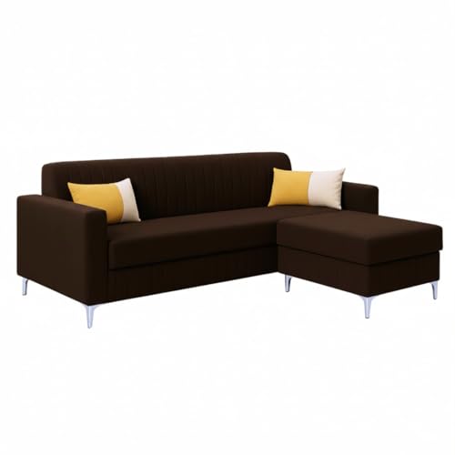 Image of SOCOZI Anton 4 Seater L Shape Sofa Set with Movable Ottoman | Flexible Left or Right Layout | Soft Velvet Suede Fabric | Modern Design | Plush Comfort Cushions for Living Room (Dark Brown)