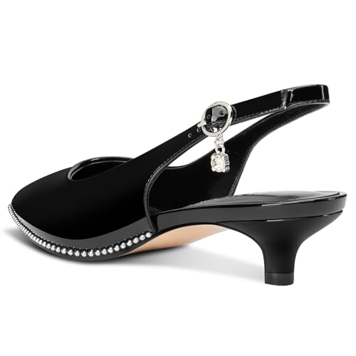 Image of TNYNFBEB Womens Low Kitten Heel Close Pointed Toe Pumps Slingback Silver Beaded Buckle Prom Party Dress Patent Leather 1.4 Inches Heels
