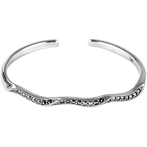 MIYUAN China Style 925 Sterling Silver Marcasite Open Bangle Cuff Bracelet for Worm Cover
