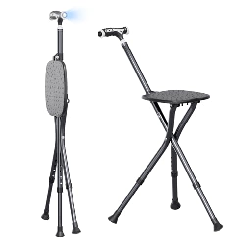 Alloy Folding Cane with Seat, Lightweight Adjustable Walking Cane with Seat, Cane Seat with LED for...