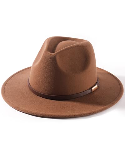FURTALK Fedora Hats for Men Women Wide Brim Felt Panama Dress Hat with Belt Buckle Adjustable Size 7-7 3/8 Brown