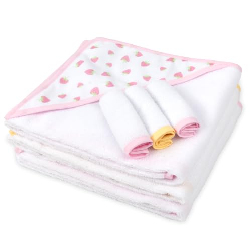 Image of Jessica Simpson Baby 6-Piece Hooded Towel & Washcloth Set - Soft Polyester Baby Bath Towels - Butterfly & Lavender Floral Prints (Yellow Pink Strawberry)