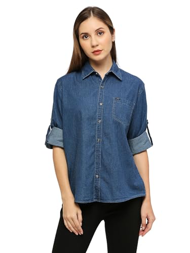 Image of Women's Denim Shirt with Roll-up Sleeves, Blue, 100% Cotton | Classic Denim Shirt | Shirt for Women Stylish Western | Beach Summer Shirt for Women
