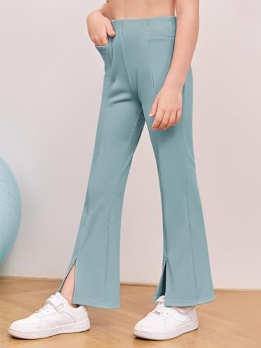 Image of Haloumoning Girls Kids Elastic Waist Ribbed Flare Split Bottom Pants Stretch Casual Long Pants(5-14Y)