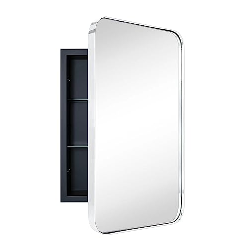 EGHOME Chrome Rectangle Recessed Bathroom Medicine Cabinet with Mirror Stainless Steel Metal Framed Rounded Rectangular Bathroom Cabinet with Mirror 16x24\'\'