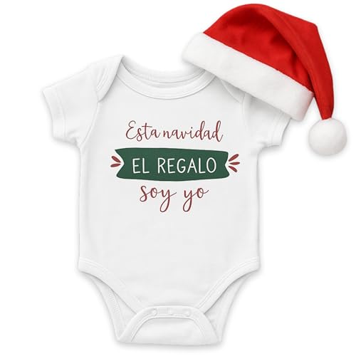 Miss Chapas | Conjunto bebé Natal 'O presente Soy Yo' Body gorro Pai Natal – presente original recém-nascido | detalhe para pais pela primeira vez | Apresentado em caixa Kraft pronta para oferecer