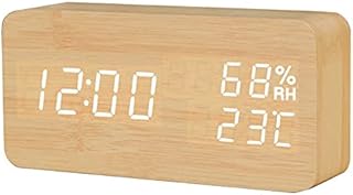 VABOO Digital Alarm Clock,LED Wood Digital Alarm Table Clock Date Temperature Humidity Display 12 / 24Hours,LED Alarm Clock, Digital Wooden Clock, Multi-Function Alarm Clock,Voice & Touch Activated